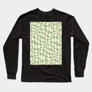 Green and Cream Distorted Warped Checkerboard Pattern II Long Sleeve T-Shirt